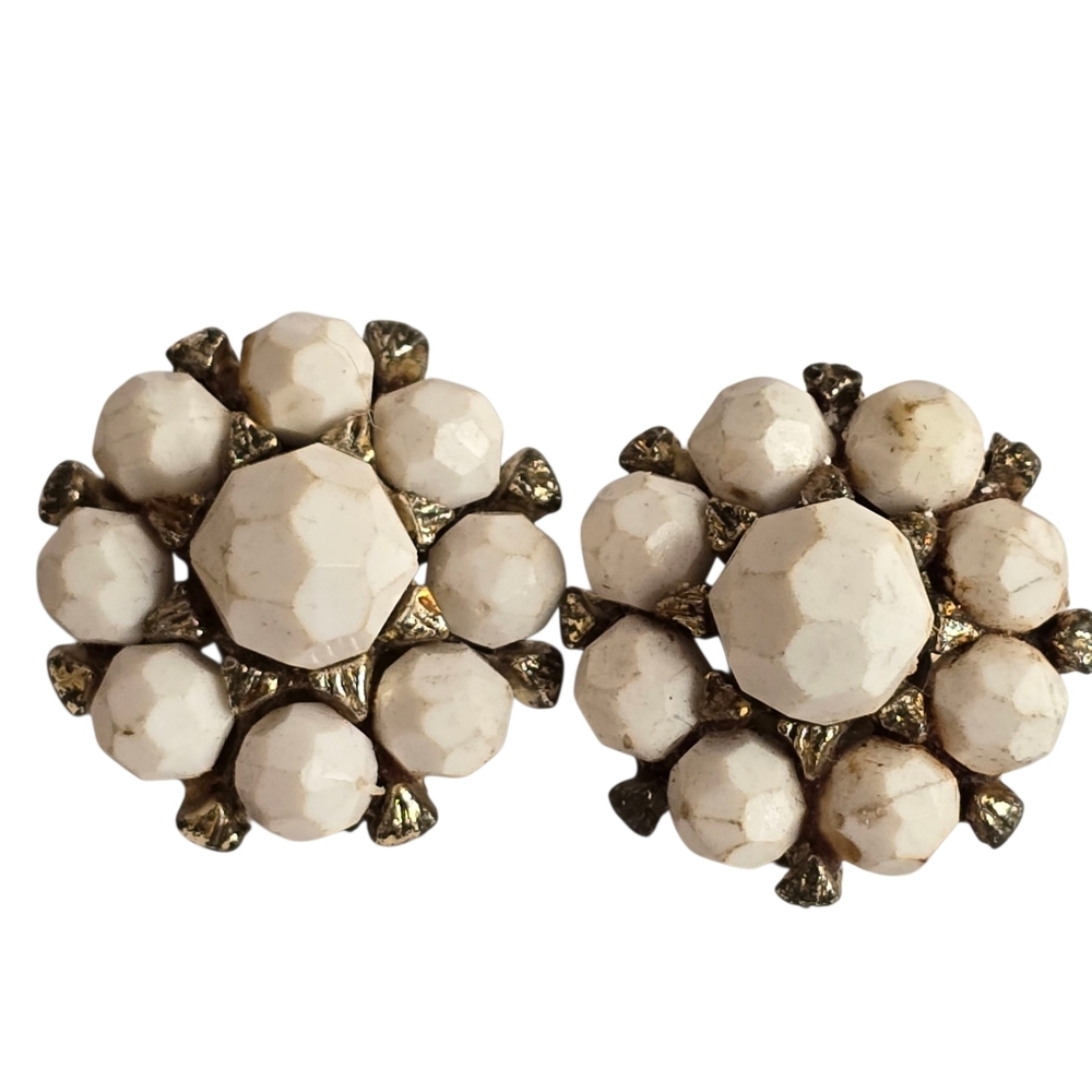 Vintage White Beaded Clip-On Earrings Pat Pend